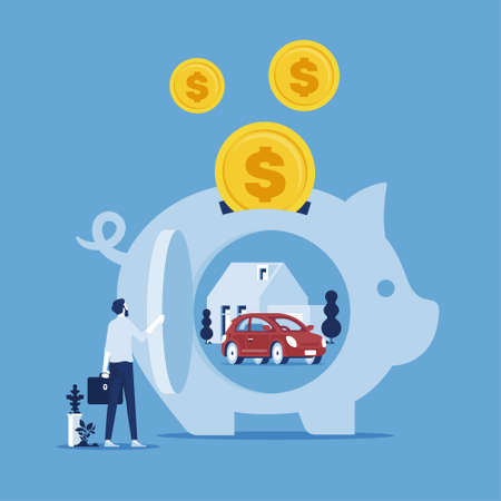 Businessman putting coin in piggy bank, saving for car and home, saving and investing money conceptのイラスト素材
