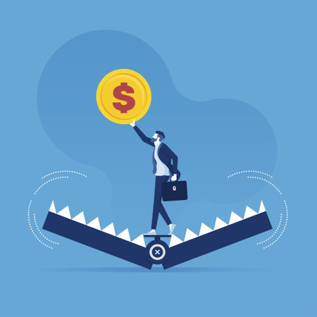Business risks and fears concept, businessman standing being caught in mouse trap and holding dollar coinのイラスト素材