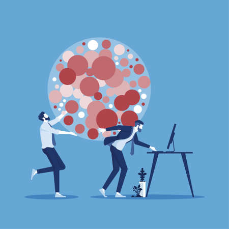 Stress burden and difficulty concept, tired exhausted businessman carrying heavy Stress on his back feeling stressed and negative vector illustrationのイラスト素材