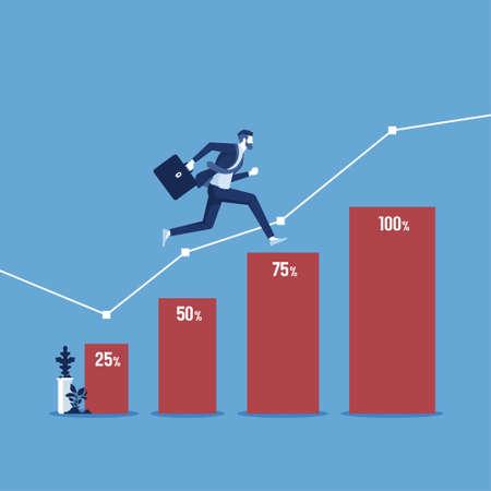 Development and success in business concept, businessman walking on percent rates of success in career and business vectorのイラスト素材