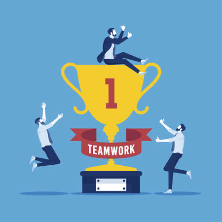 Teamwork, success and achievement concept, business people celebrating success with golden first trophy while colleagues supporting vector illustrationのイラスト素材
