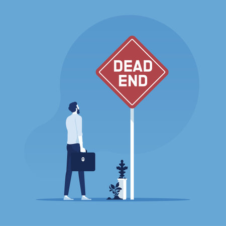 businessman standing at the end of road with dead end signage, concept of wrong decision in business or end of career pathのイラスト素材