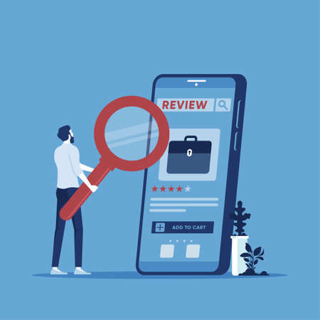Clients search and reading Review Rating on mobile phone before buy product, customer Experiences vector Conceptのイラスト素材