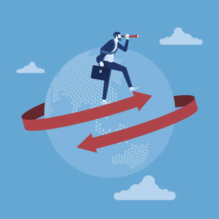 Global business vision, businessman standing on arrow around earth using telescope for vision or future opportunityのイラスト素材