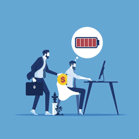 Businessman inserting coin into back of businessman with high full level energy to work, concept of earnings for workingのイラスト素材