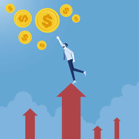 Businessman standing on arrow graph and trying to catch money, financial success and business income conceptのイラスト素材