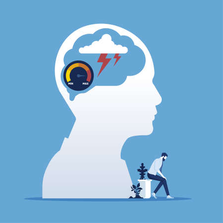 Stress level in human head or tired meter rising and reaching maximum in his brain, stress and...