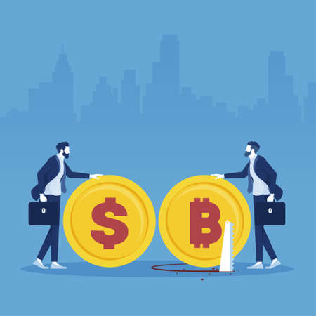 sawing the floor to make bitcoin collapse falling down, bitcoin collapse and crypto coin price crisisのイラスト素材