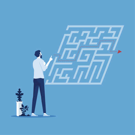 businessman standing in front of labyrinth and trying to find way out, overcoming business challenges and problem solving conceptのイラスト素材