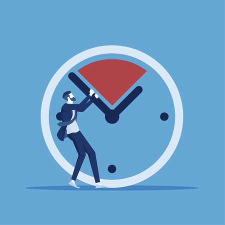 Business deadline concept, businessman trying to delay the clock, time managementのイラスト素材