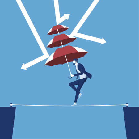 businessman crossing abyss on a high tightrope holding umbrella protecting himself from falling arrows, business protection crisisのイラスト素材