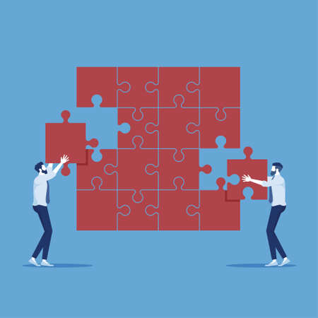 Businessman help each other to assemble jigsaw, teamwork and success conceptのイラスト素材