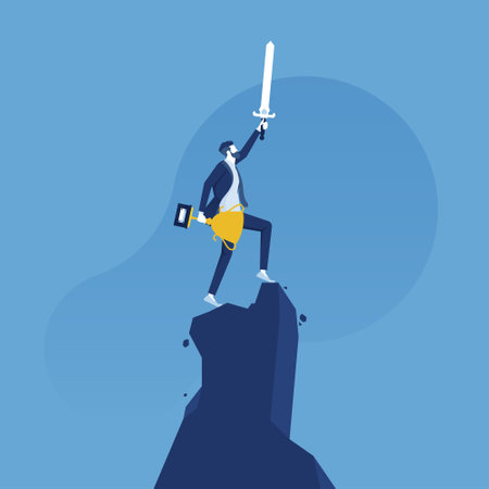 businessman holding a sword and shield standing on top of a mountain, leadership and protection in business conceptのイラスト素材