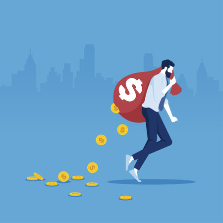 Businessman carry money bag and losing golden coins that poured out from a hole in the bag, lose money investment in financial crisis conceptのイラスト素材