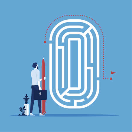 businessman with route path go around the maze to goal, concept of solution, problem solving and finding ideaのイラスト素材