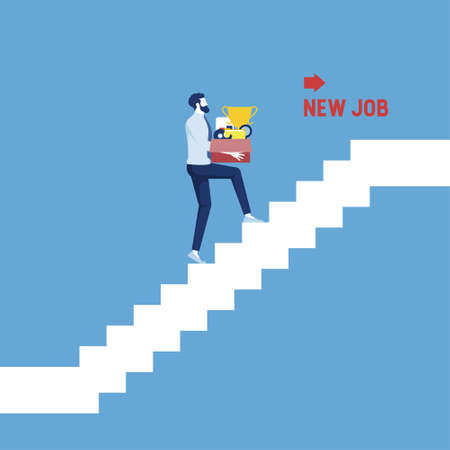 New job concept. businessman holding box with office supplies walking up stair, welcome employee, successful businessman, beginning of business careerのイラスト素材