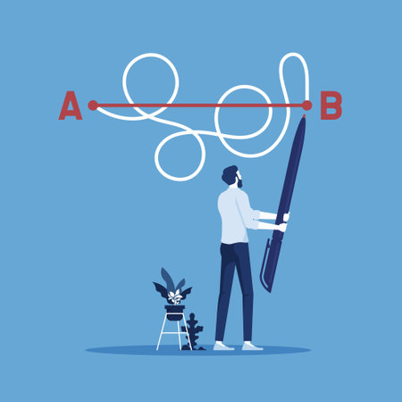 Businessman holding pen in hand leads a drawing line from point A to point B, Straight and complicated path, Shortest distance to goal, easy or shortcut way to win business success or hard path and obstacle conceptのイラスト素材