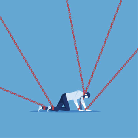businessman crawling with chained at leg, concept for depression and obstacle business