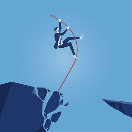 Businessman doing pole vaulting cross over the crisis valley, jump over the barrier with a pole, way forward and overcoming obstacles conceptのイラスト素材