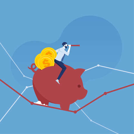 Investor sitting on a piggy bank with full of money and looking for where to invest money, business investment conceptのイラスト素材