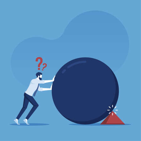 Business problem concept, businessman pushes a big ball and is blocked by a small triangle, businessmen are confused because they do not know the problem that occursのイラスト素材