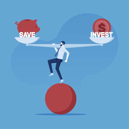Businessman balancing between savings and investments, financial management conceptのイラスト素材
