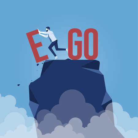 Businessman change EGO to GO text on top mountain, motivation, achievement and goal conceptのイラスト素材