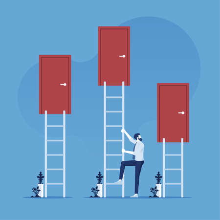 Businessman make a decision to choosing the right door, decision Direction way of business metaphor conceptのイラスト素材