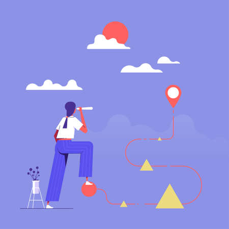 Ambition to aim high and achieve business goal, motivation to success, businesswoman with telescope finding targetのイラスト素材
