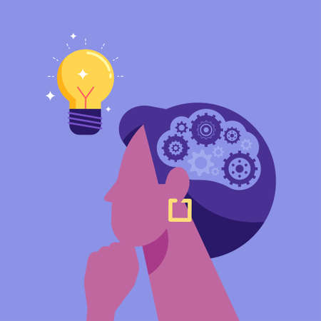 Creativity, genius, new idea concept. Thoughtful woman holding hand under chin thinking for solution, Symbols of thinking. illustration of Smart Intelligence and brainstormingのイラスト素材