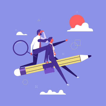 Career opportunity, investment or business vision, future forecast or discover new idea and inspiration concept, business team flying on pencil with binoculars to see opportunityのイラスト素材