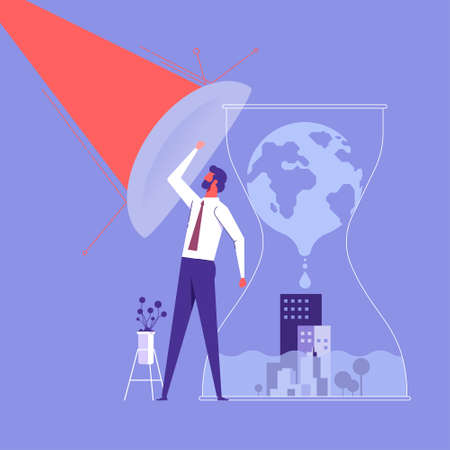 Man with shield protect the world is melting and flood over metropolis in hourglass from sun ray, environmental protection and nature care conceptのイラスト素材