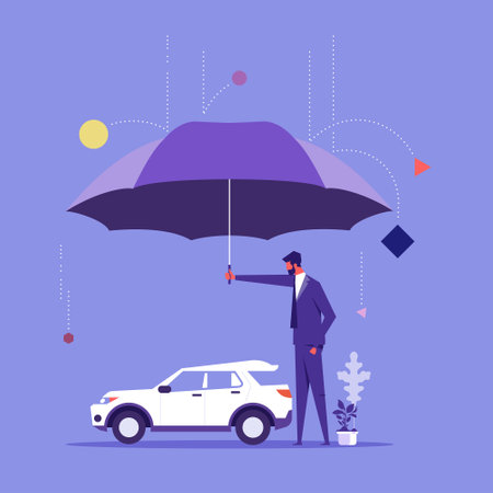 Car insurance, accident protection for vehicle, safety or assurance service concept, insurance agent stand with car under umbrella protection shieldのイラスト素材
