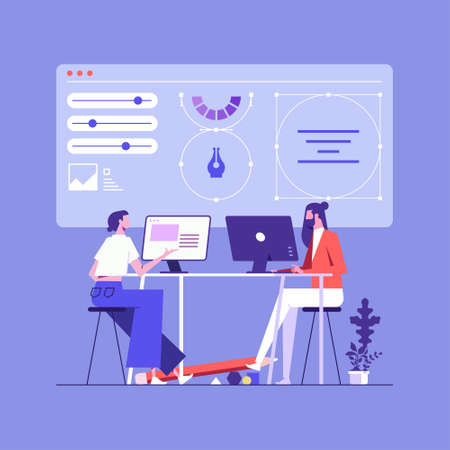 Web design studio or Creative team working on laptops and discuss new project, Web design process...