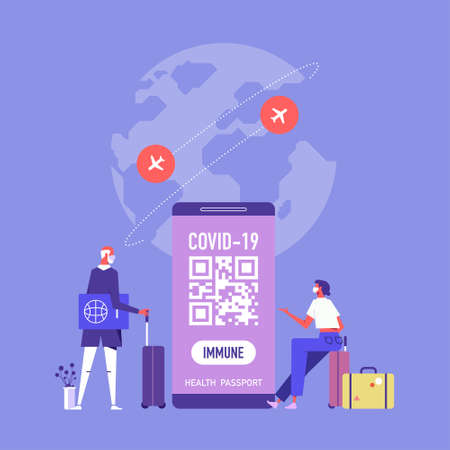 Covid-19 immune passport, digital vaccine certificate, people with big smartphone and coronavirus...