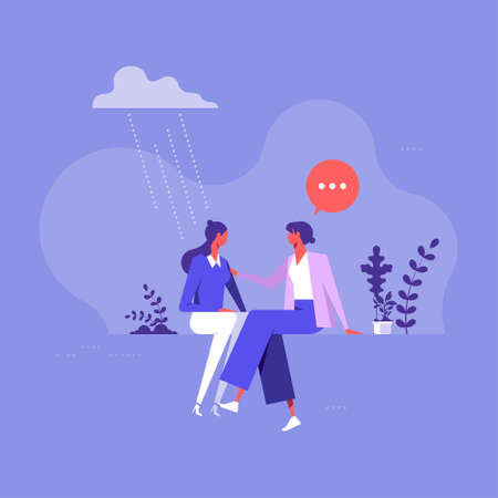 Psychology, emotion and relationship psychotherapy concept, vector flat person illustration, woman support female patient, depression symbolのイラスト素材