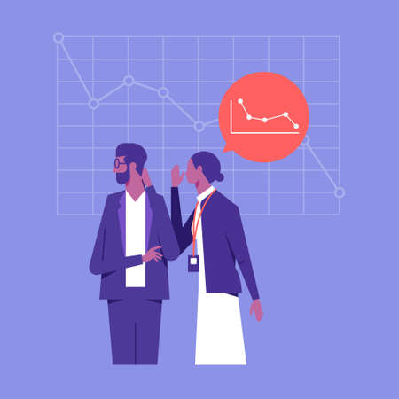 The insider woman is telling the secret information to the man. The woman is telling the business is decreasing trend of her company to investor, corporate data protection campaigns conceptのイラスト素材
