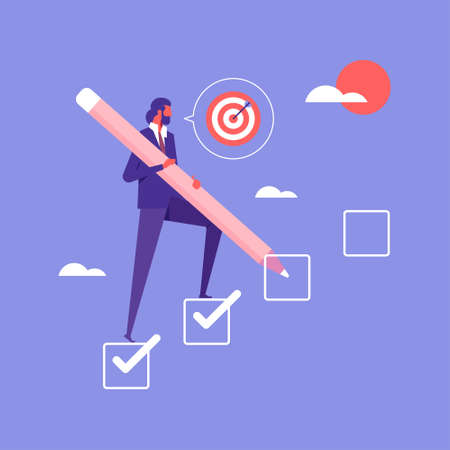 Achieve business target concept, businessman walking up checklist as staircase or todo list for businessman to achieve targetのイラスト素材