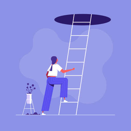 Businesswoman thinks to make a next step into the future, woman in doubt and indecision stands of the stairs to the top. Concept of a difficult choice, decision makingのイラスト素材