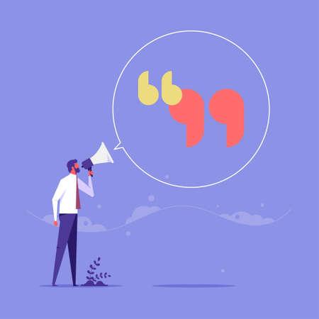 Inspiration quotes to motivate people, business quotation or message to achieve success concept, smart businessman and businesswoman standing with quotation mark signのイラスト素材