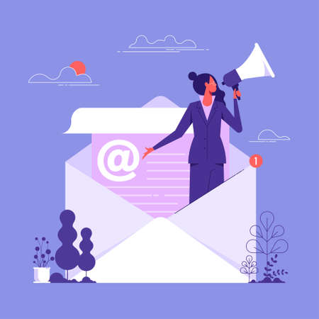Email marketing, CRM, subscription on web and sending email newsletter for discount or promotion information concept, businesswoman standing in email envelope announcing promotion through megaphoneのイラスト素材