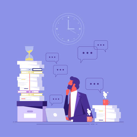 Business deadline and overwork concept. Stressed young businessman worker sitting in office at laptop with heap of papers looking at sand glassのイラスト素材