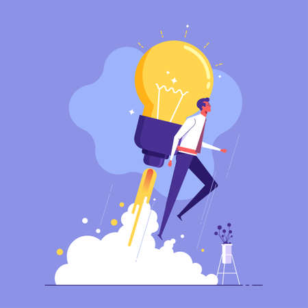 Creative new idea, innovation start up business or inspiration to achieve success goal concept, businessman or leader with light bulb rocket boosterのイラスト素材