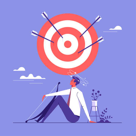 Businessman hit Many arrows missed target mark miss, business challenge failure metaphor, multiple failed inaccurate attempts to hit archery targetのイラスト素材