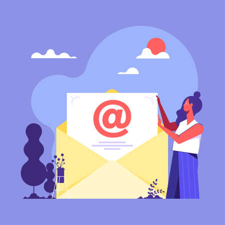 Character opening advertising mail or promotional offer with sales and discounts. E-mail marketing, communication and promotion conceptのイラスト素材