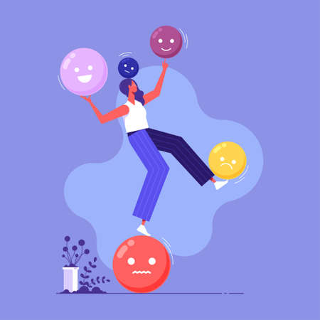 Emotional balance vector concept, female cartoon character standing balancing on emotional icon illustration, Potential, motivation and aspiration, mental healthのイラスト素材