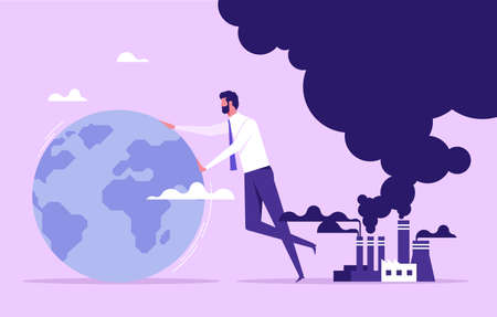 Businessman trying to save planet earth from climate change. CO2 emission. Climate change problem...