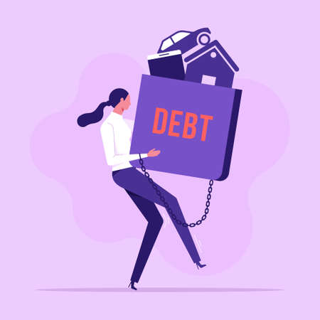 Businesswoman carrying heavy burden of house and car debts. financial problem flat vector illustration. Loan, property, bankruptcy conceptのイラスト素材