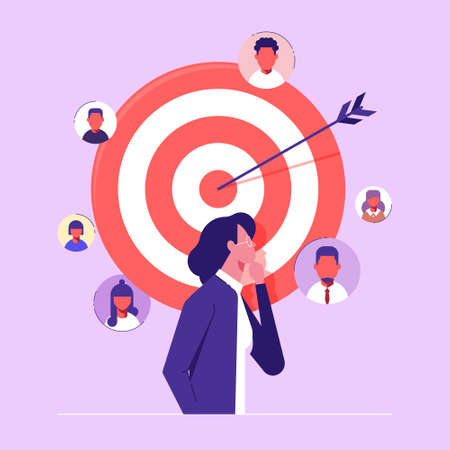 Businesswoman thinking about Customer attraction campaign, promotion, advertising. Target customer conceptのイラスト素材