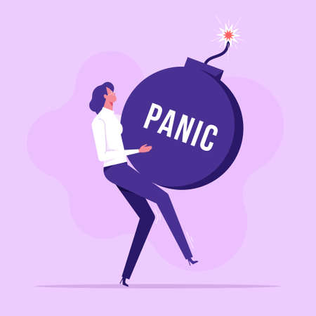 Panic concept. Young woman carrying panic bomb, flat vector illustration.Anxiety, stressed or anger emotion, mental problem or depressionのイラスト素材